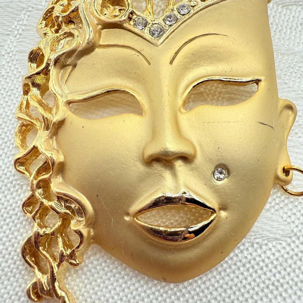 Vintage Gold Tone Theater Mask Woman Face Brooch w/ Rhinestones and Flowing Hair